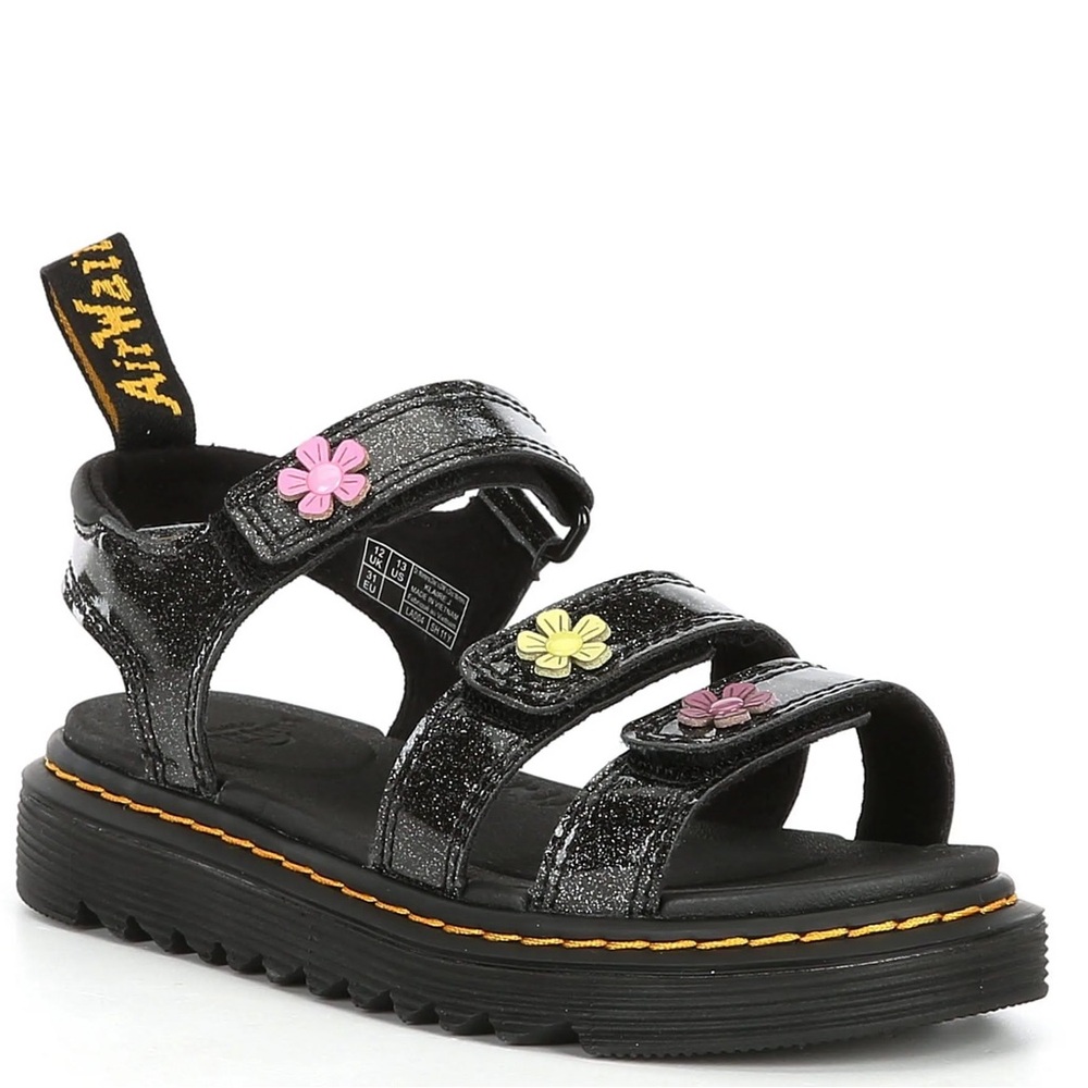 Dr. Martens Glitter Black Kids Sandals with Pink and Yellow Flowers